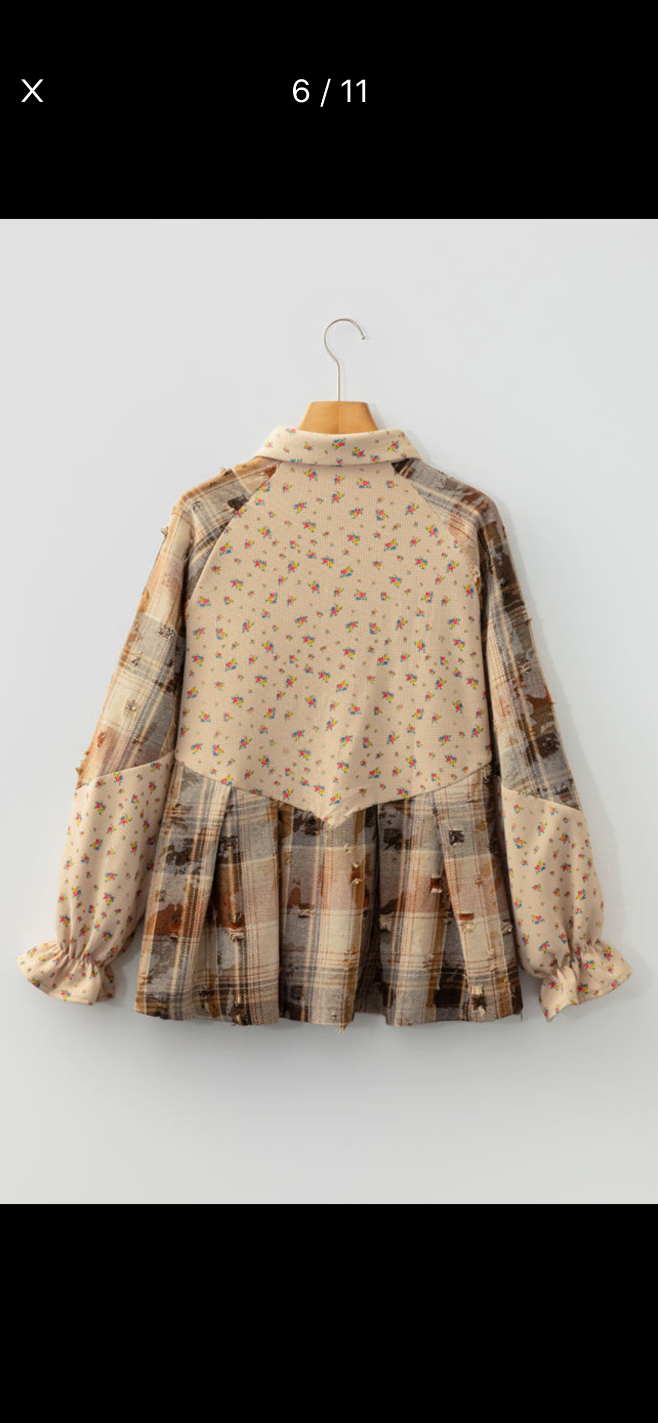 Oatmeal boho floral plaid distressed waffle knit top