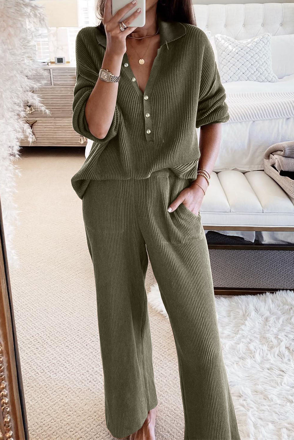 Green Ribbed Knit Collared Henley Top and Pants Lounge Outfit