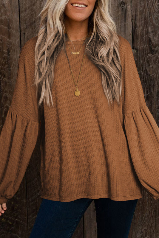 Brown Faux Knit Jacquard Puffy Long Sleeve Top