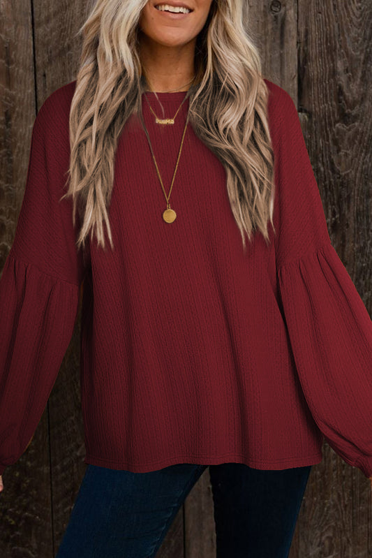 Red Faux Knit Jacquard Puffy Long Sleeve Top