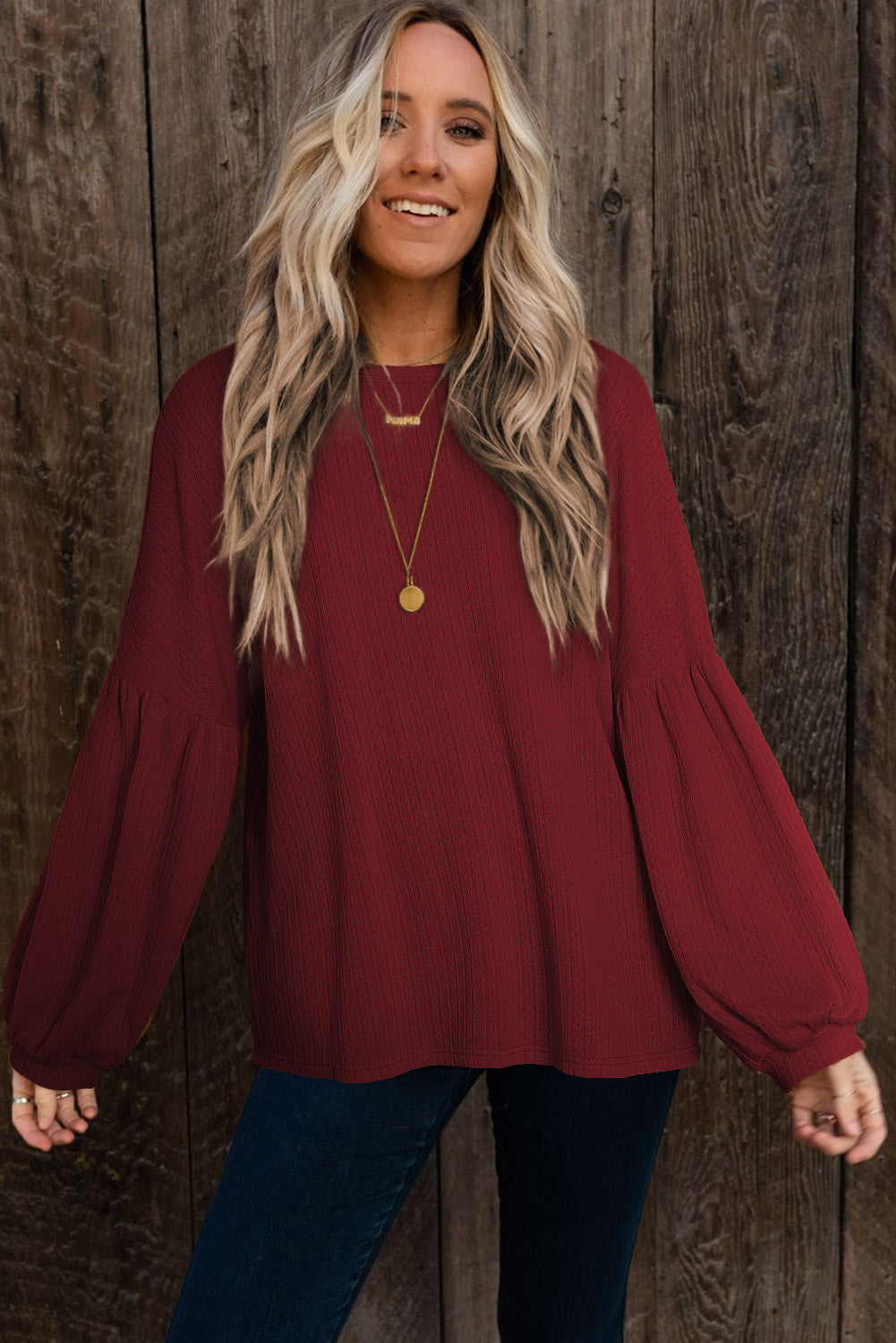 Red Faux Knit Jacquard Puffy Long Sleeve Top