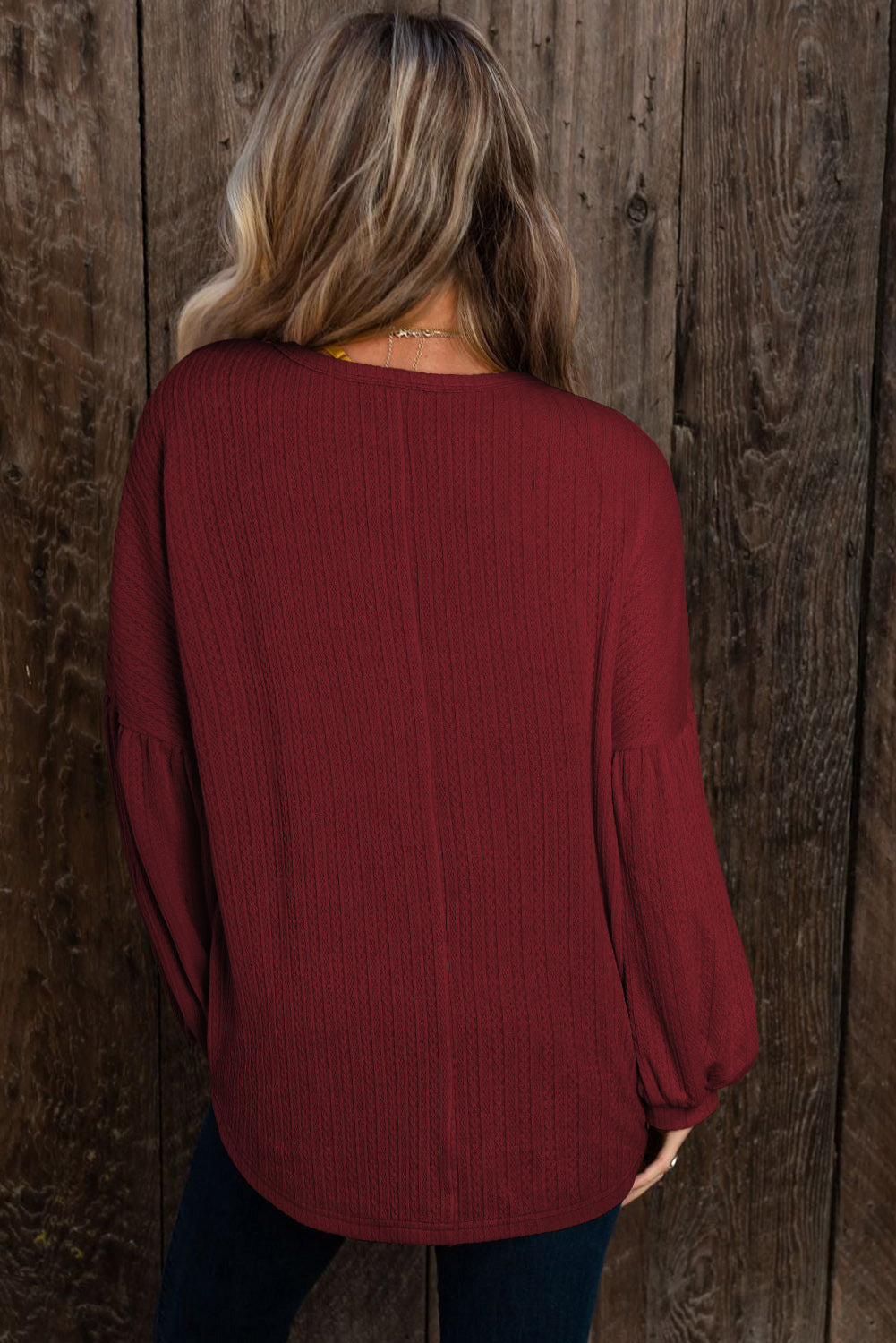 Red Faux Knit Jacquard Puffy Long Sleeve Top