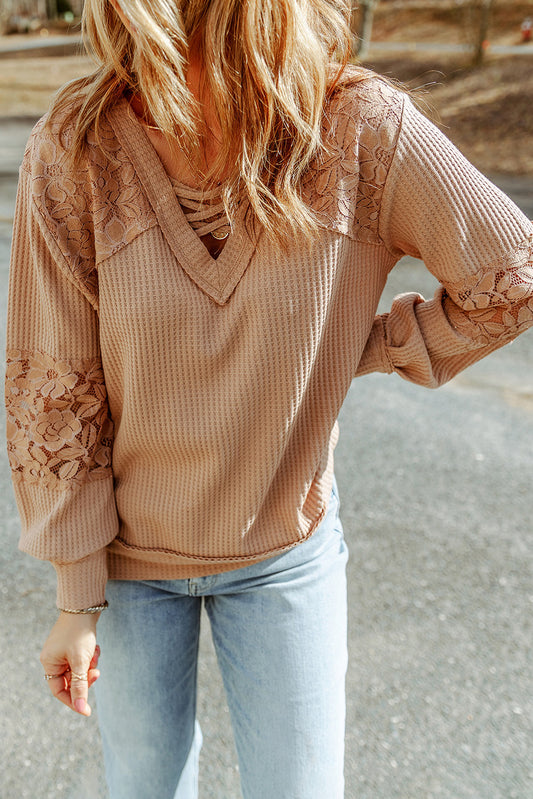 Apricot Lace Waffle Patchwork Strappy V Neck Long Sleeve Top