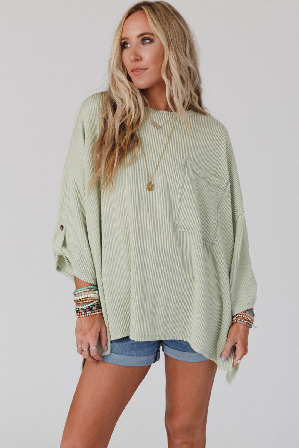 Green Ribbed Roll-tab Sleeve Chest Pocket Oversize Top