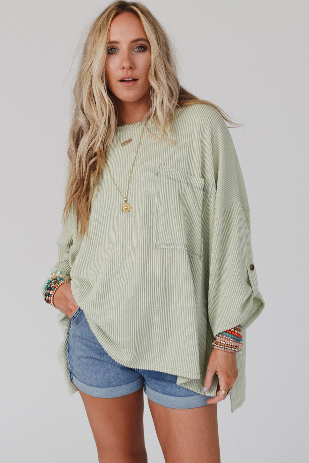 Green Ribbed Roll-tab Sleeve Chest Pocket Oversize Top