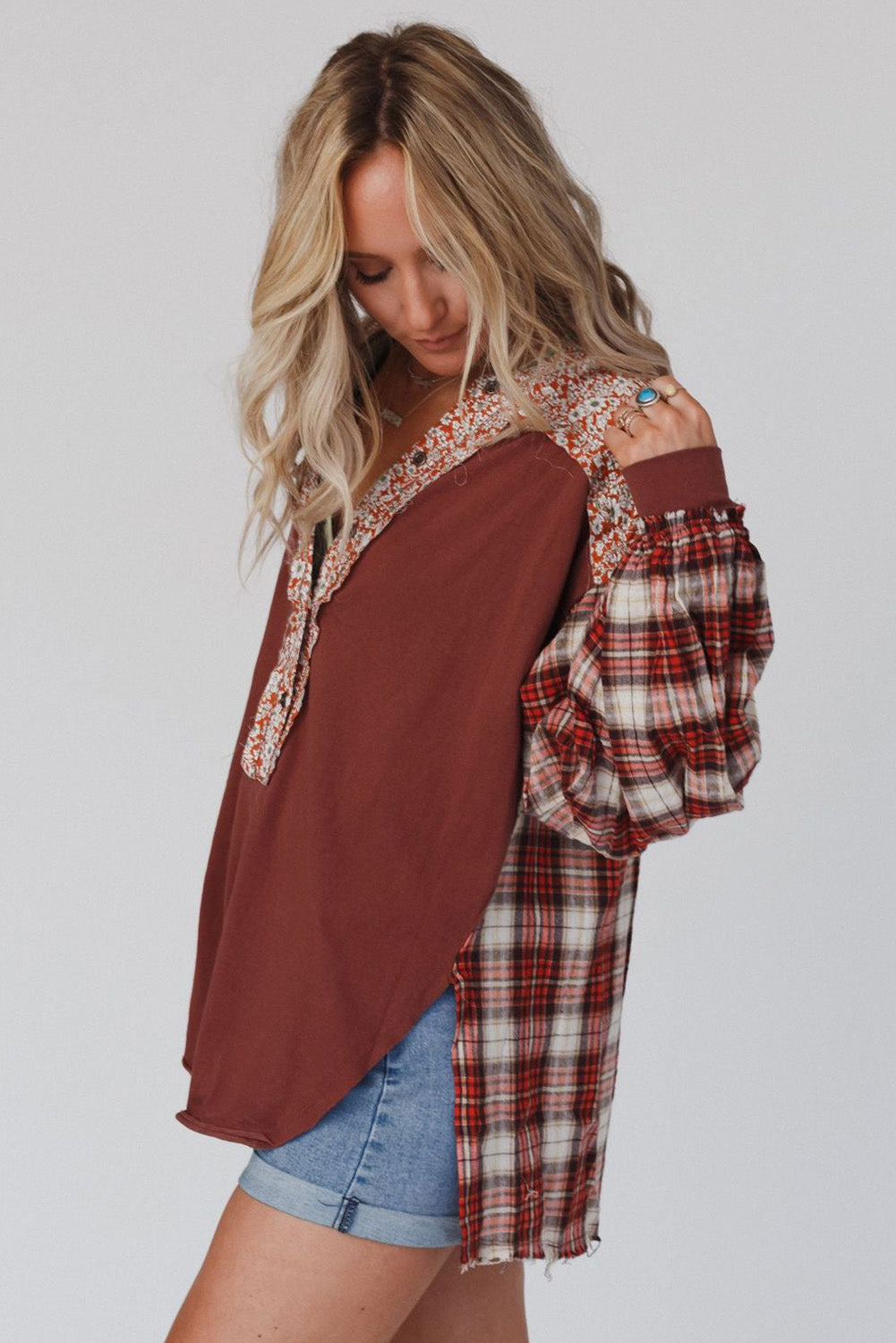 Fiery Red Floral Plaid Mixed Print Bishop Sleeve Patchwork Top