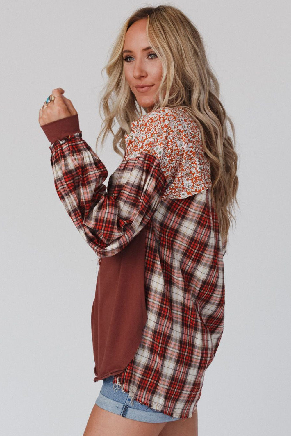 Fiery Red Floral Plaid Mixed Print Bishop Sleeve Patchwork Top