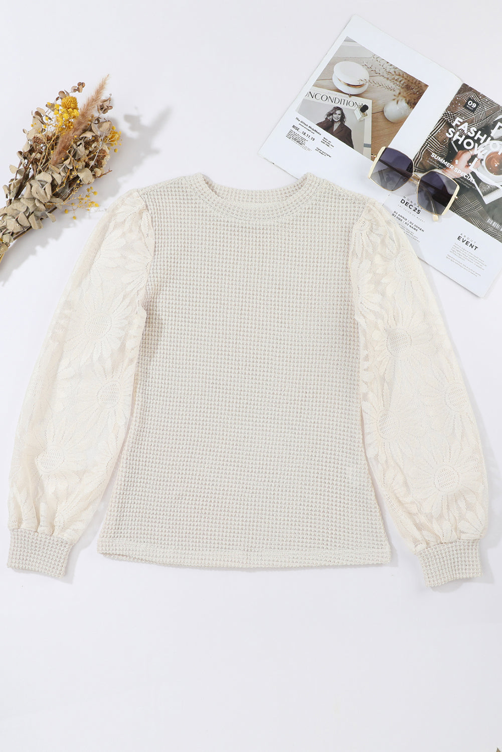 Beige Sunflower Mesh Bubble Sleeve Waffle Knit Top