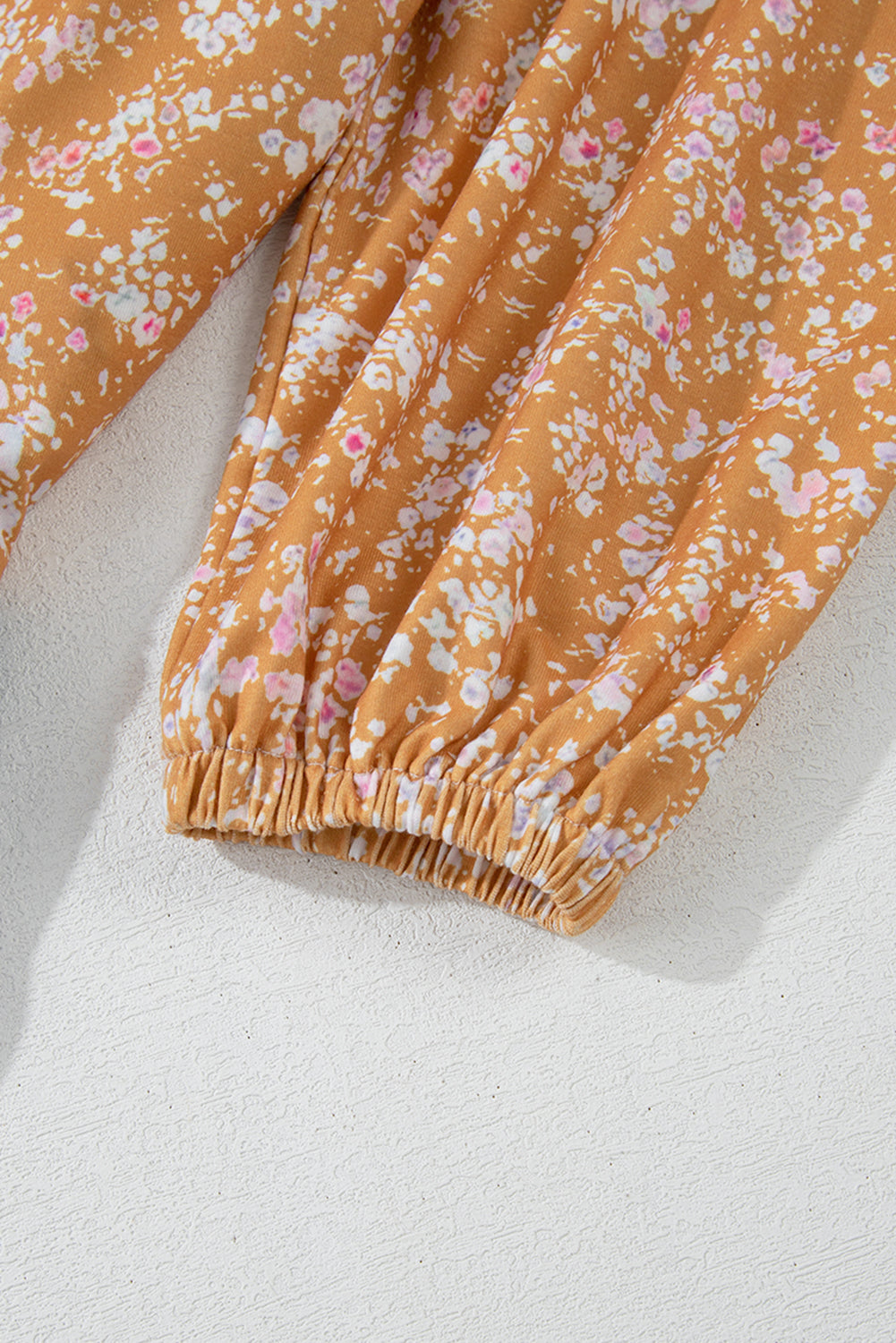 Orange Floral Color Block Patchwork Ruffled Hem Round Neck Blouse