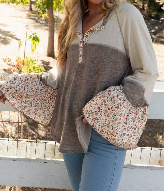 Goat Colorblock Floral Patchwork Flared Sleeve Buttons Henley Top