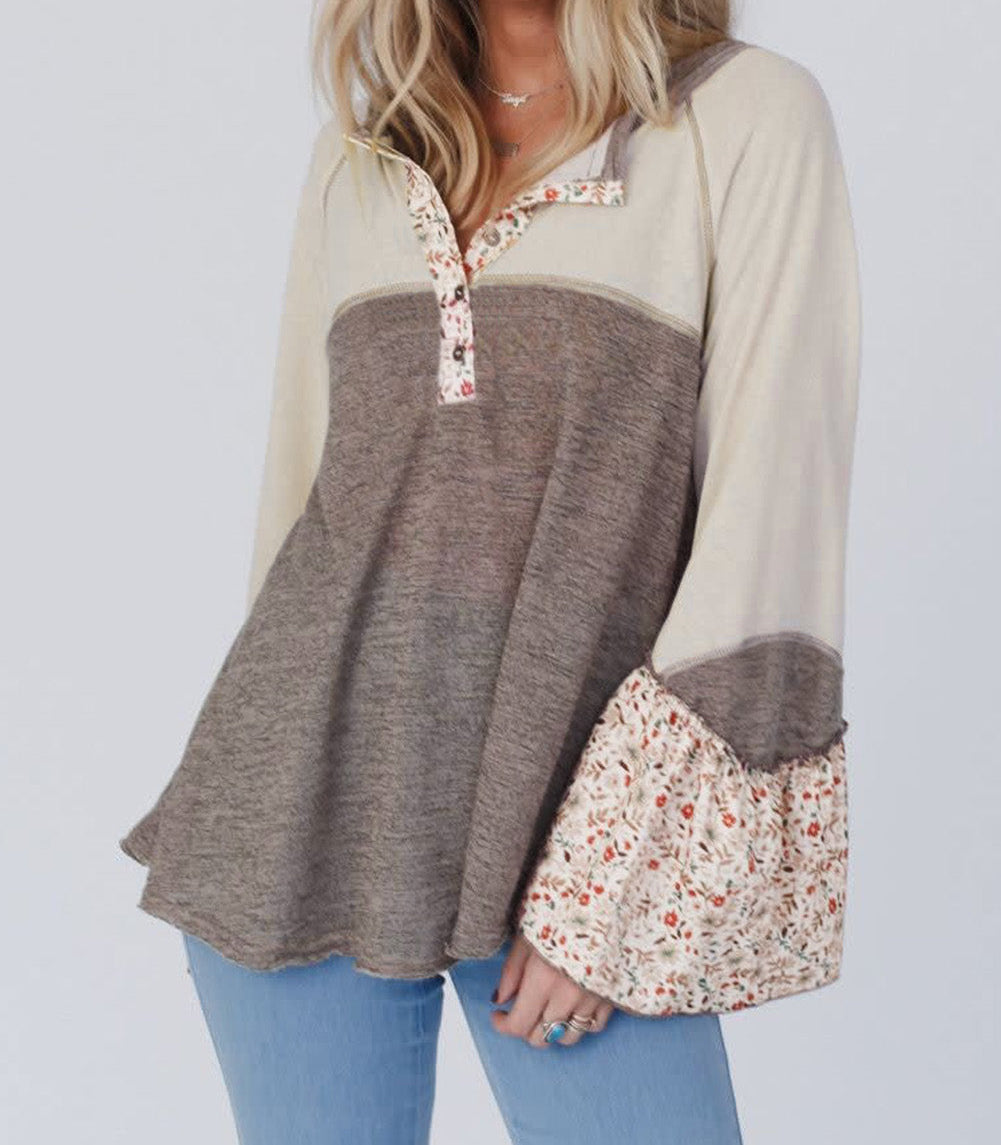 Goat Colorblock Floral Patchwork Flared Sleeve Buttons Henley Top