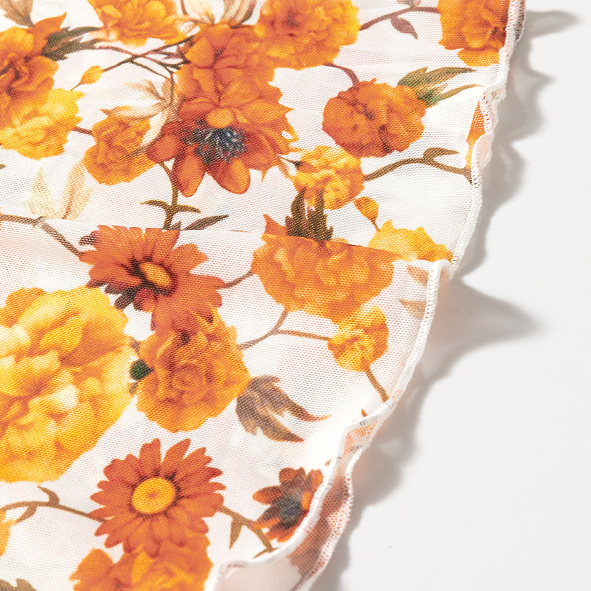 Orange Floral Printed Bell Sleeve Mock Neck Scallop Trim Blouse