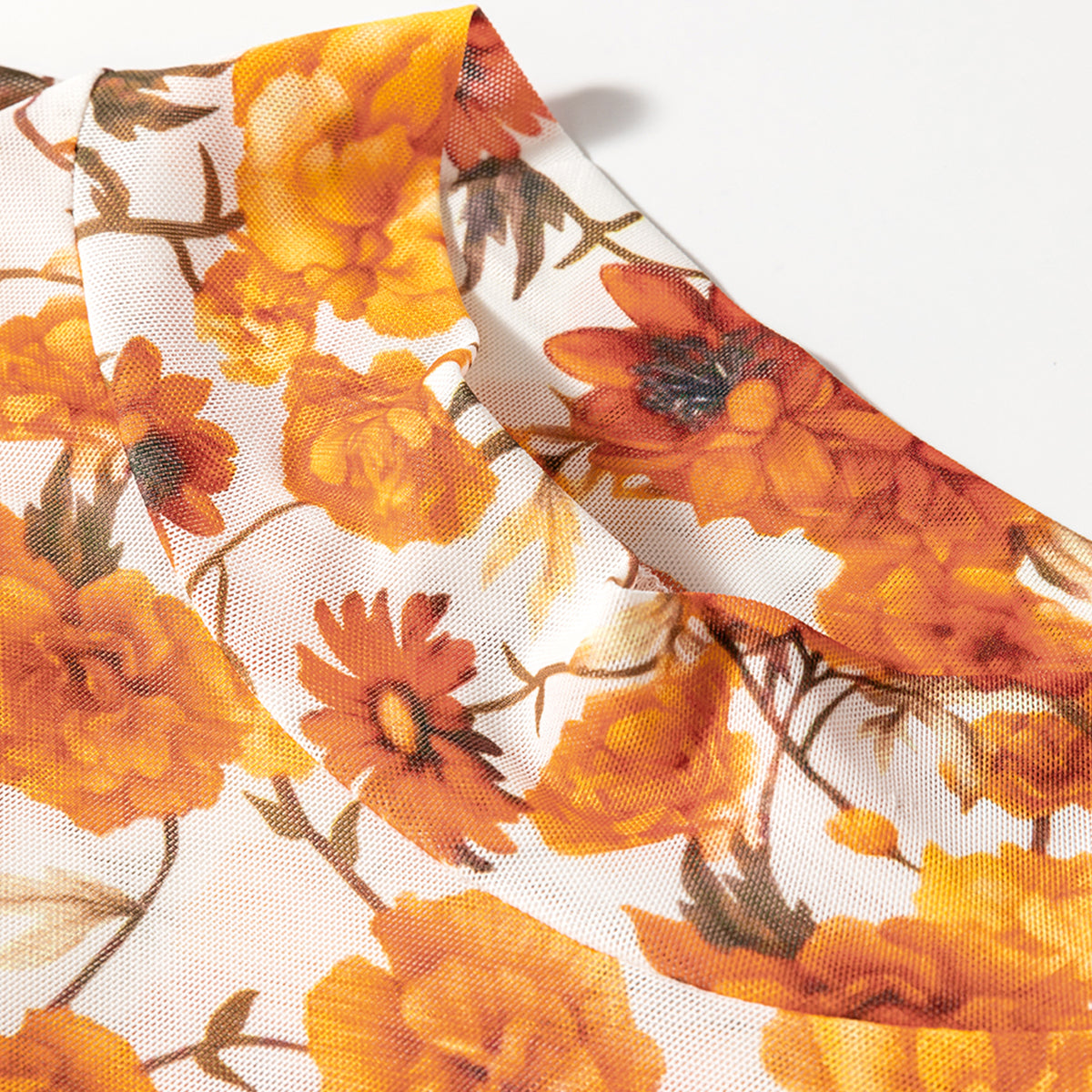 Orange Floral Printed Bell Sleeve Mock Neck Scallop Trim Blouse