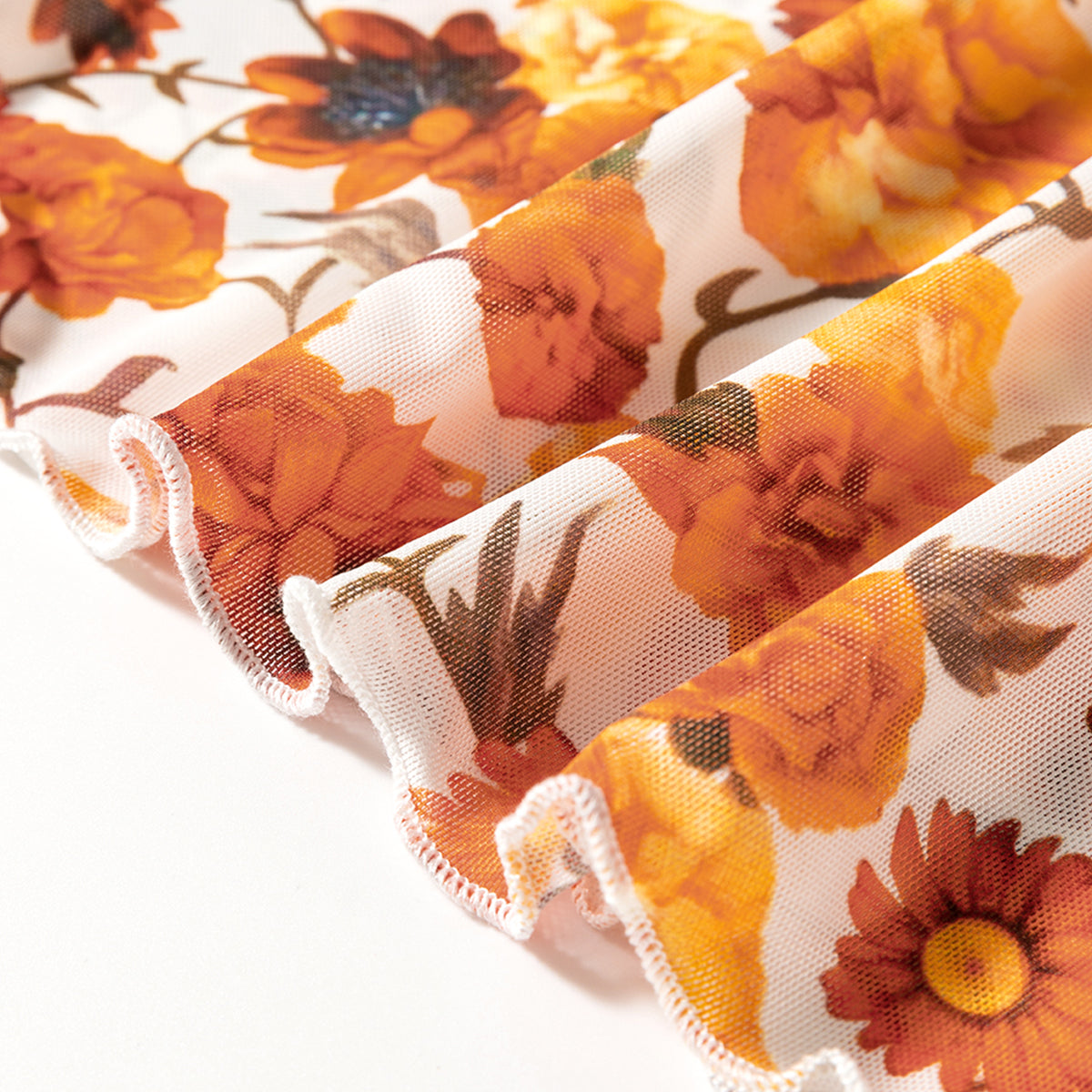 Orange Floral Printed Bell Sleeve Mock Neck Scallop Trim Blouse