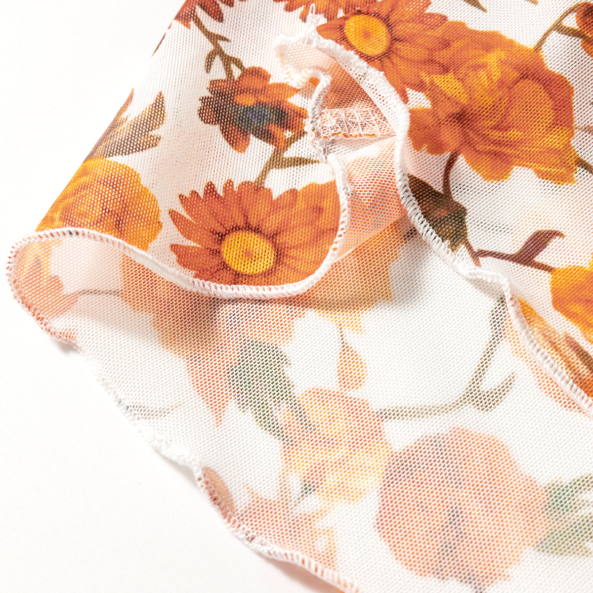 Orange Floral Printed Bell Sleeve Mock Neck Scallop Trim Blouse