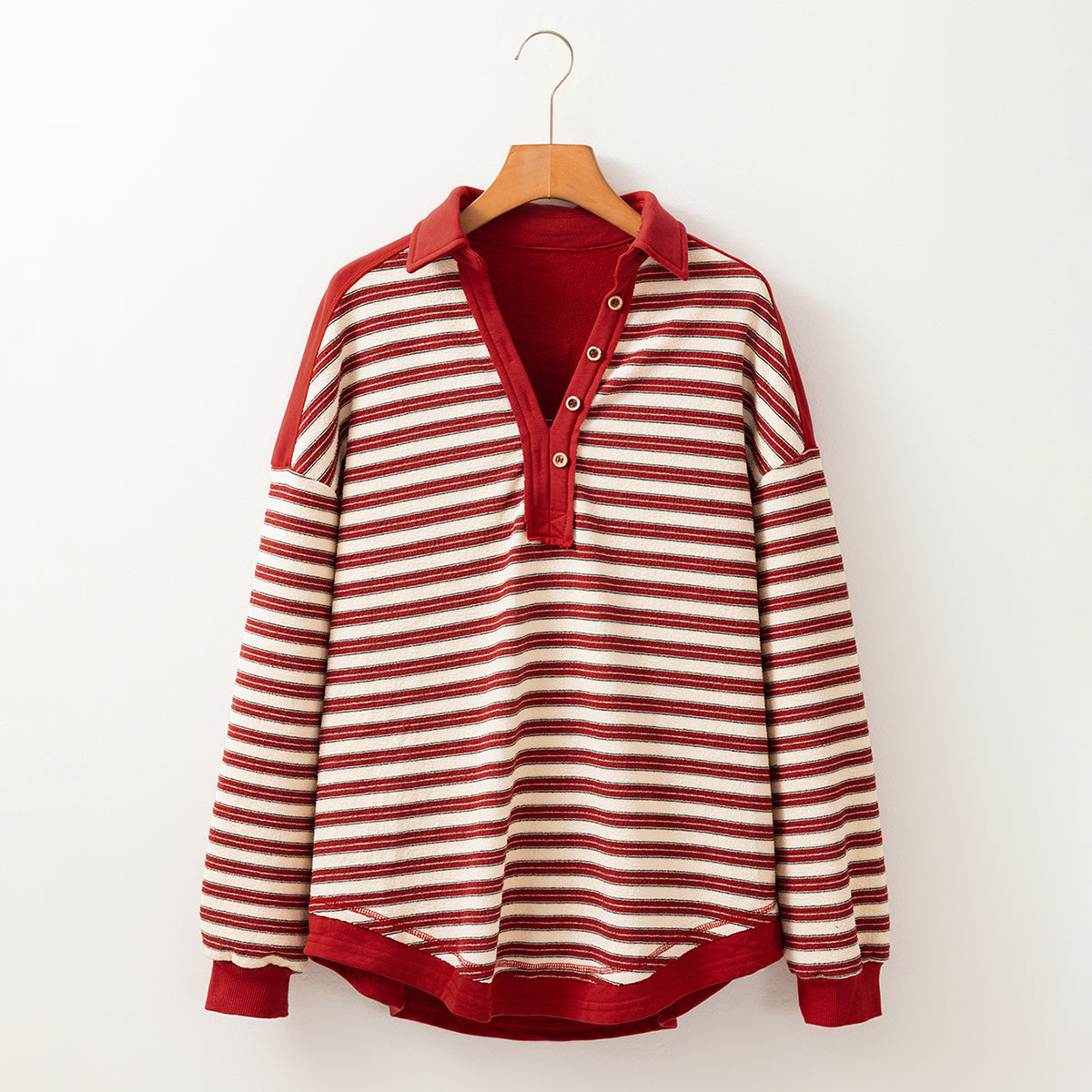 Red Stripe Buttoned V Neck Collared Drop Shoulder Top