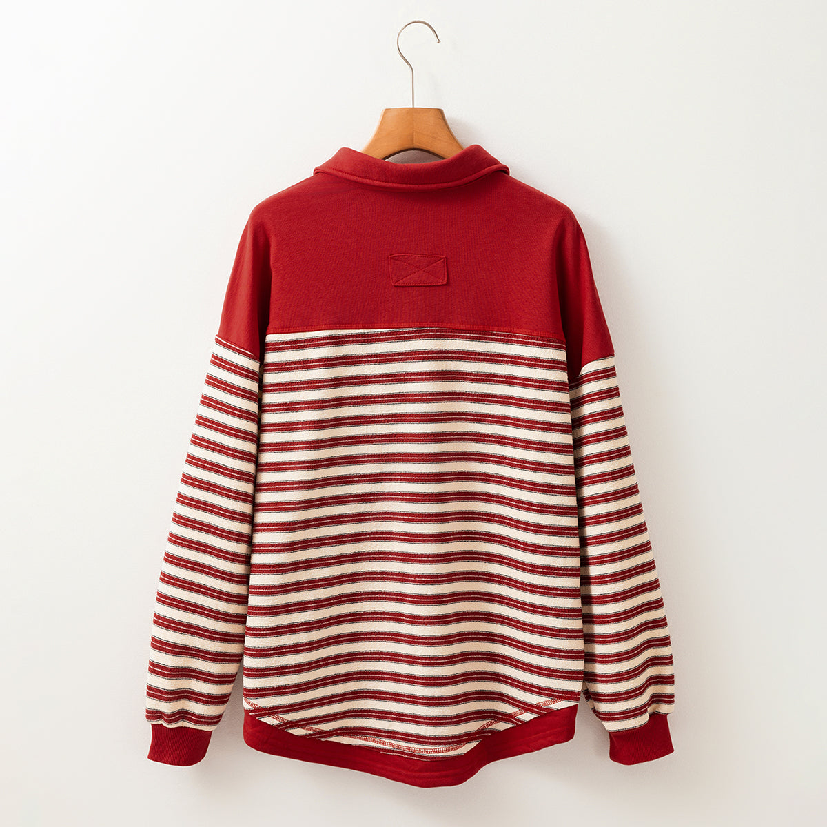 Red Stripe Buttoned V Neck Collared Drop Shoulder Top