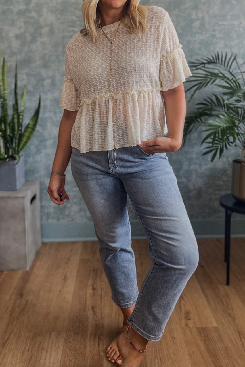 Beige Solid Color Textured Ruffled Short Sleeve Blouse