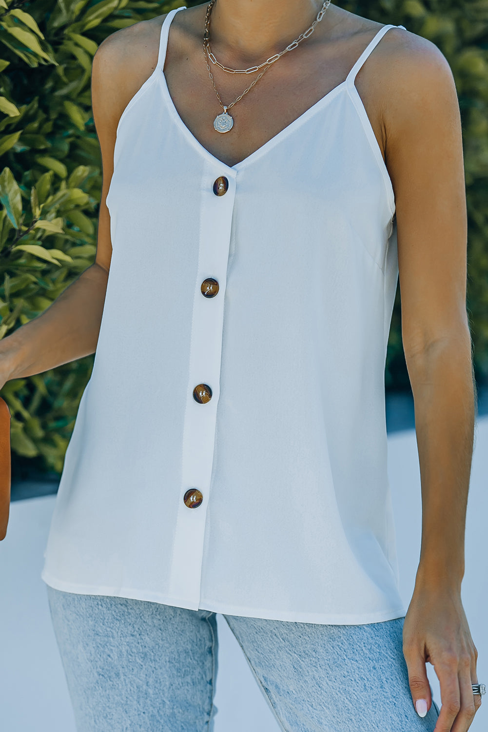 White Spaghetti Strap Buttoned Tank Top