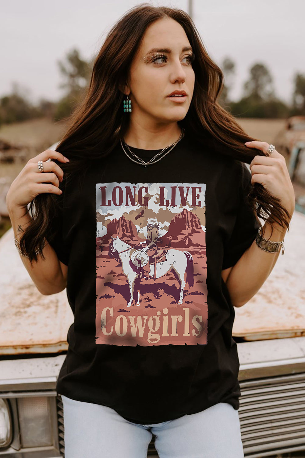 Black LONG LIVE Cowgirls Graphic Print T Shirt