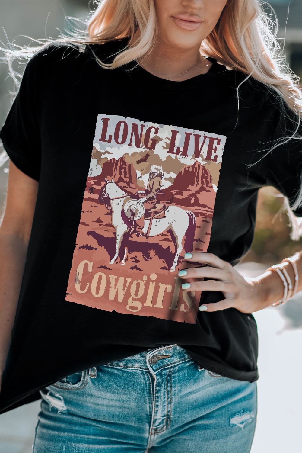 Black LONG LIVE Cowgirls Graphic Print T Shirt