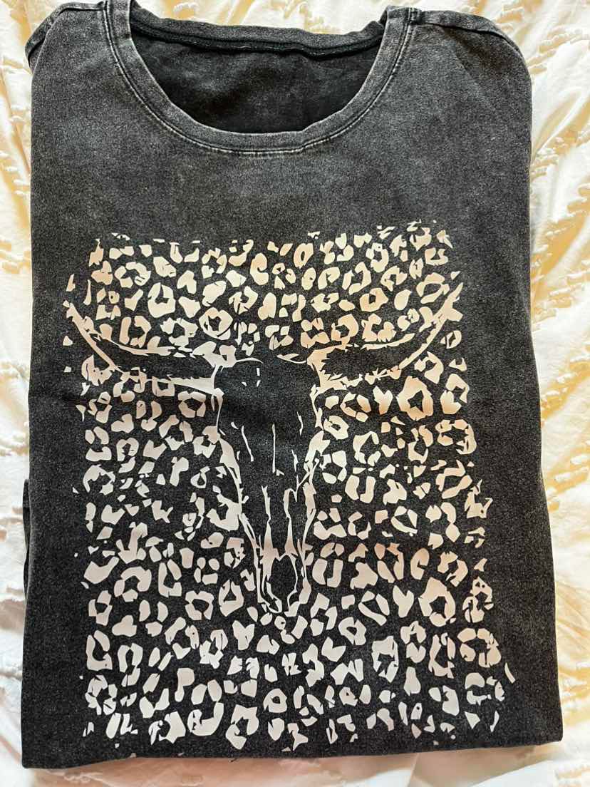 Black Leopard Skull Graphic Print Short Sleeve T Shirt