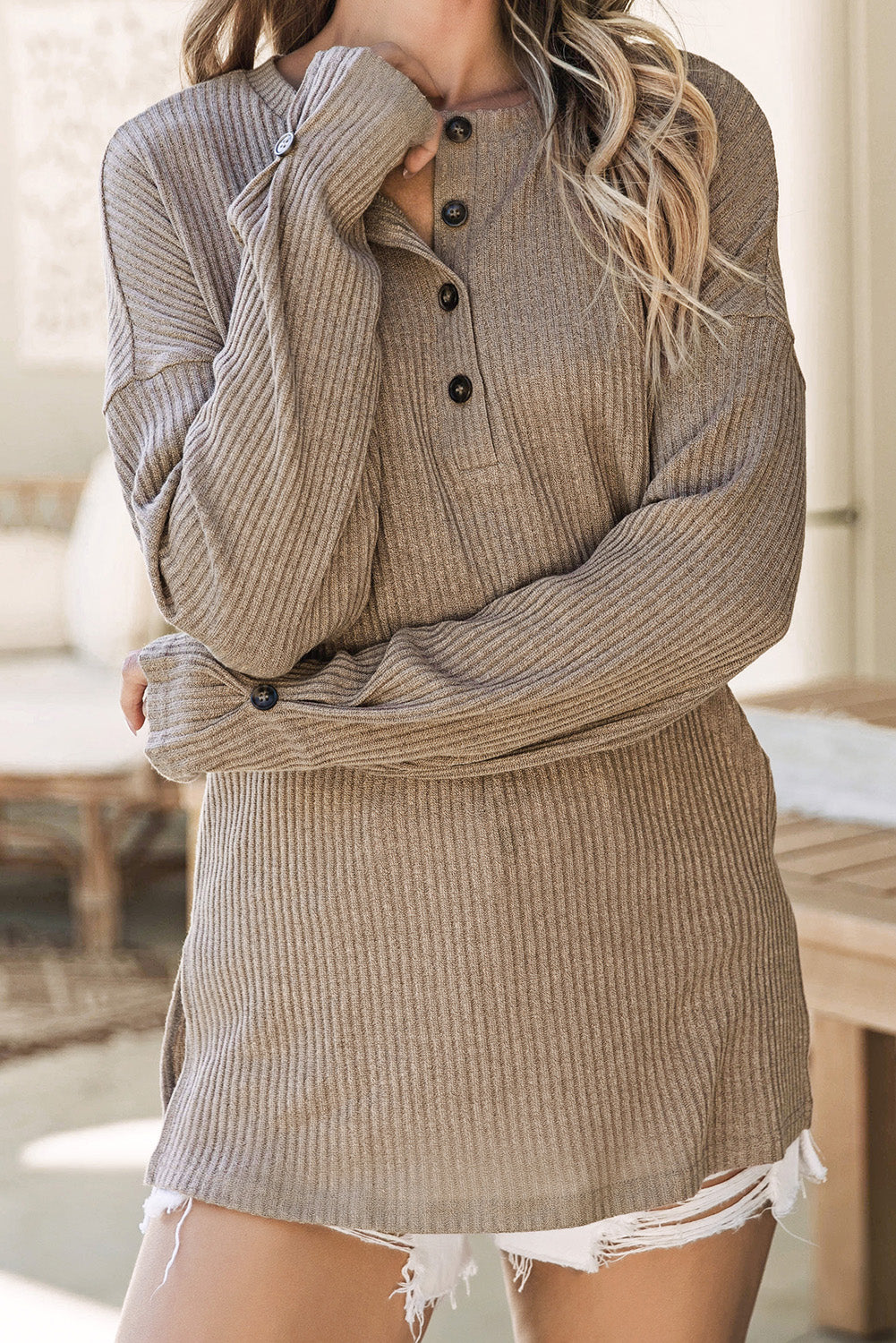 Pale Khaki Rib Textured Henley Knit Top