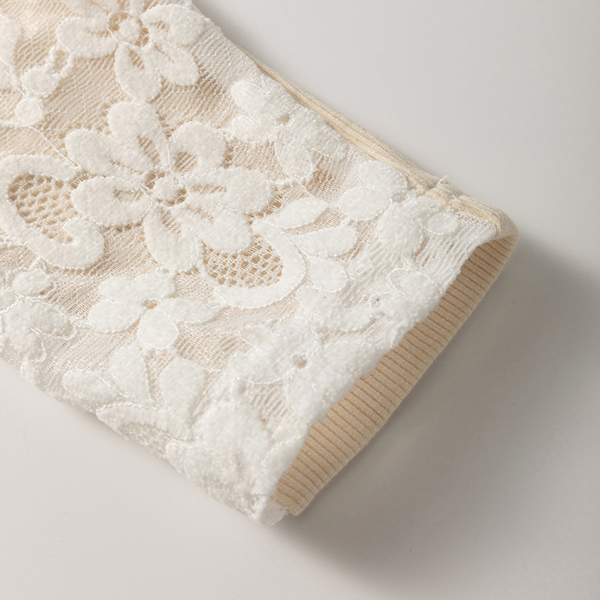 Beige Floral Lace Patchwork Long Sleeve High Neck Slim Top