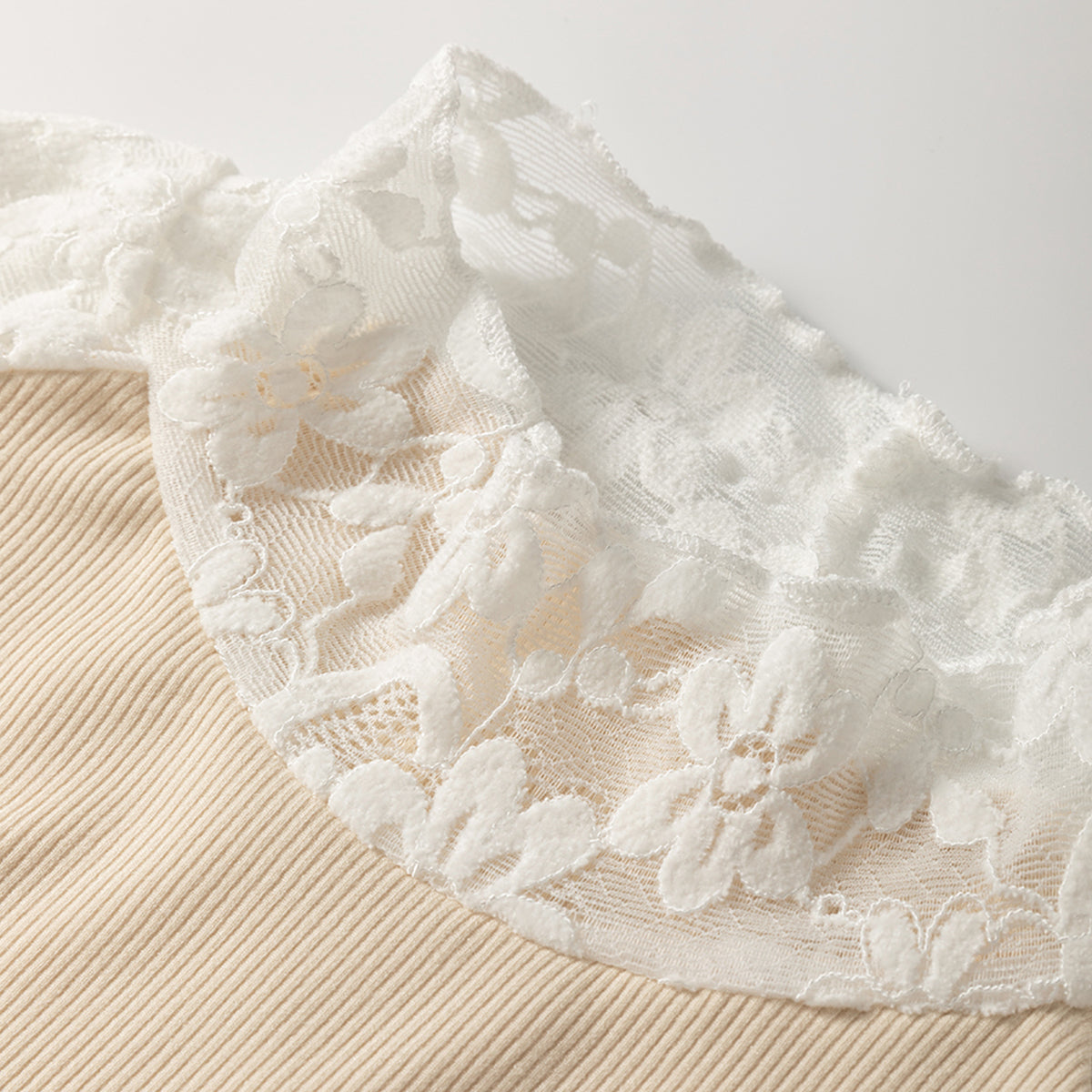 Beige Floral Lace Patchwork Long Sleeve High Neck Slim Top