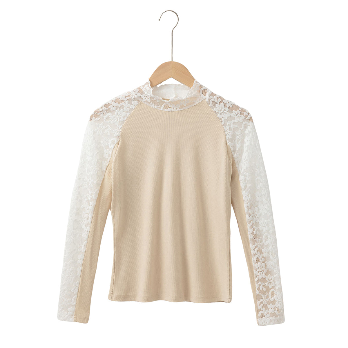 Beige Floral Lace Patchwork Long Sleeve High Neck Slim Top