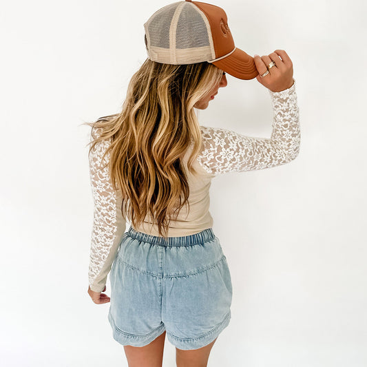 Beige Floral Lace Patchwork Long Sleeve High Neck Slim Top