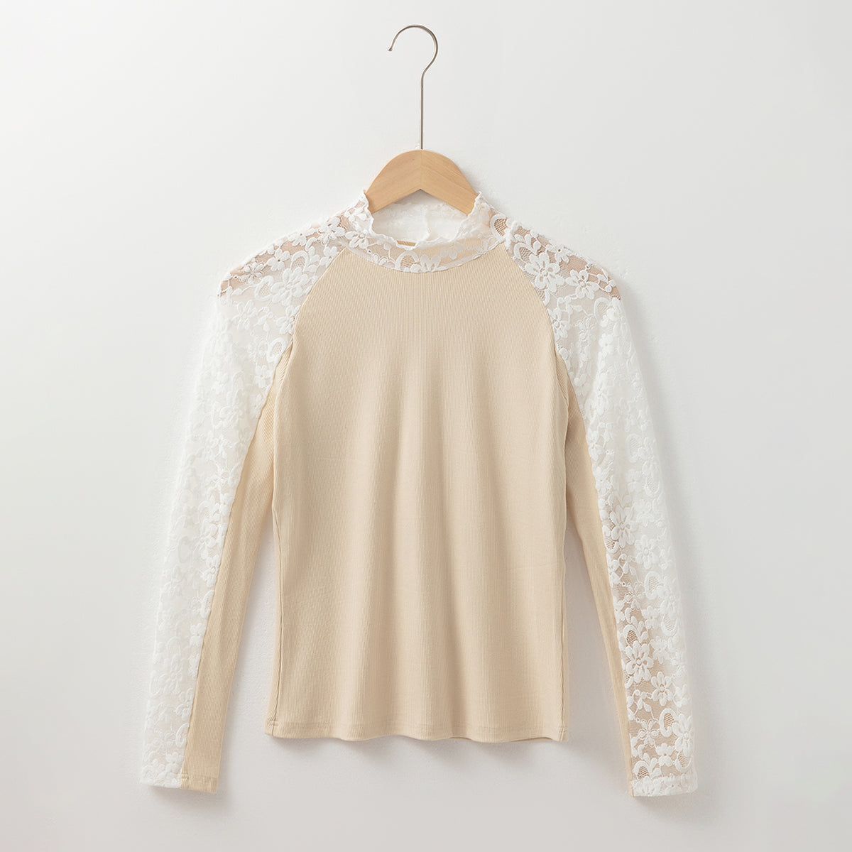 Beige Floral Lace Patchwork Long Sleeve High Neck Slim Top