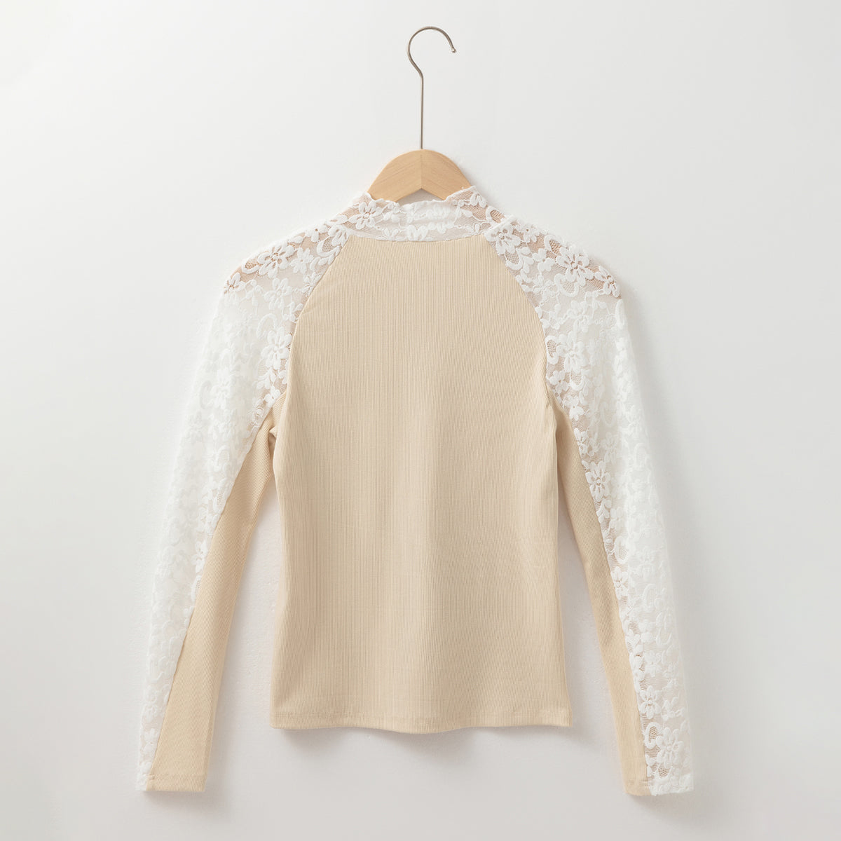 Beige Floral Lace Patchwork Long Sleeve High Neck Slim Top