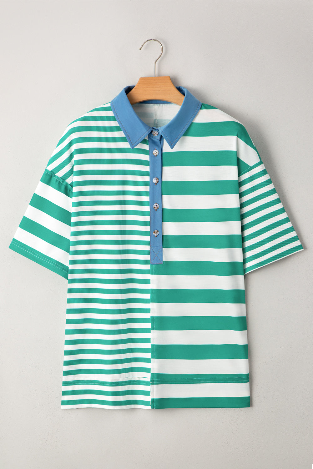 Green Stripe Colorblock Collar Half Buttons T Shirt