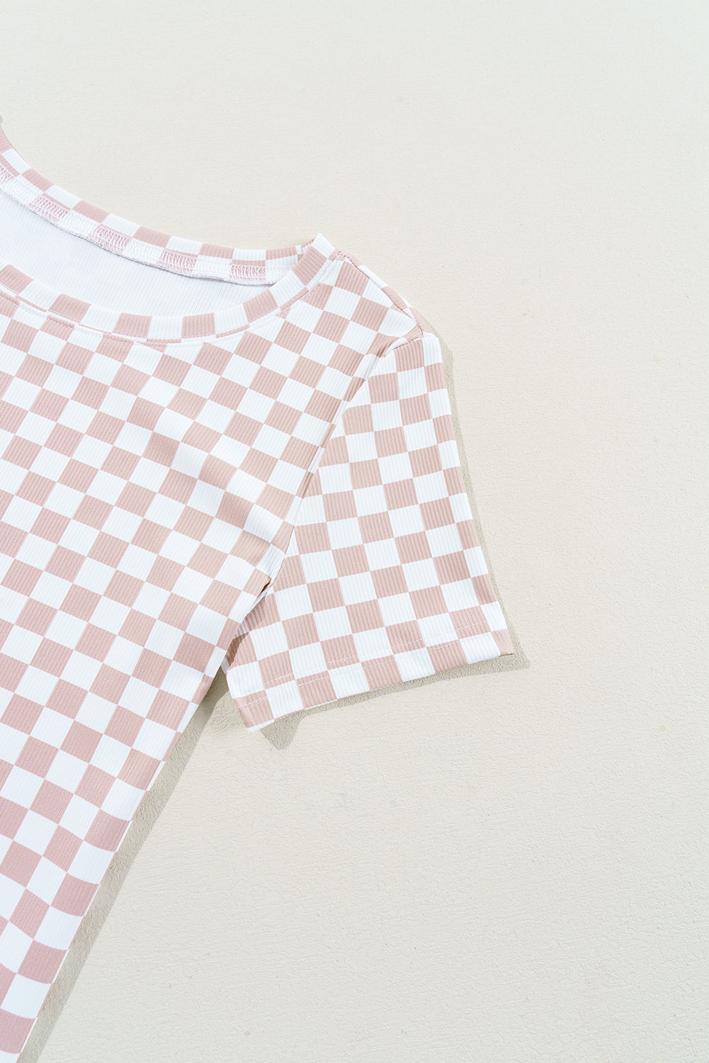 Pink Checkered Ribbed Slim Fit Crew Neck T Shirt