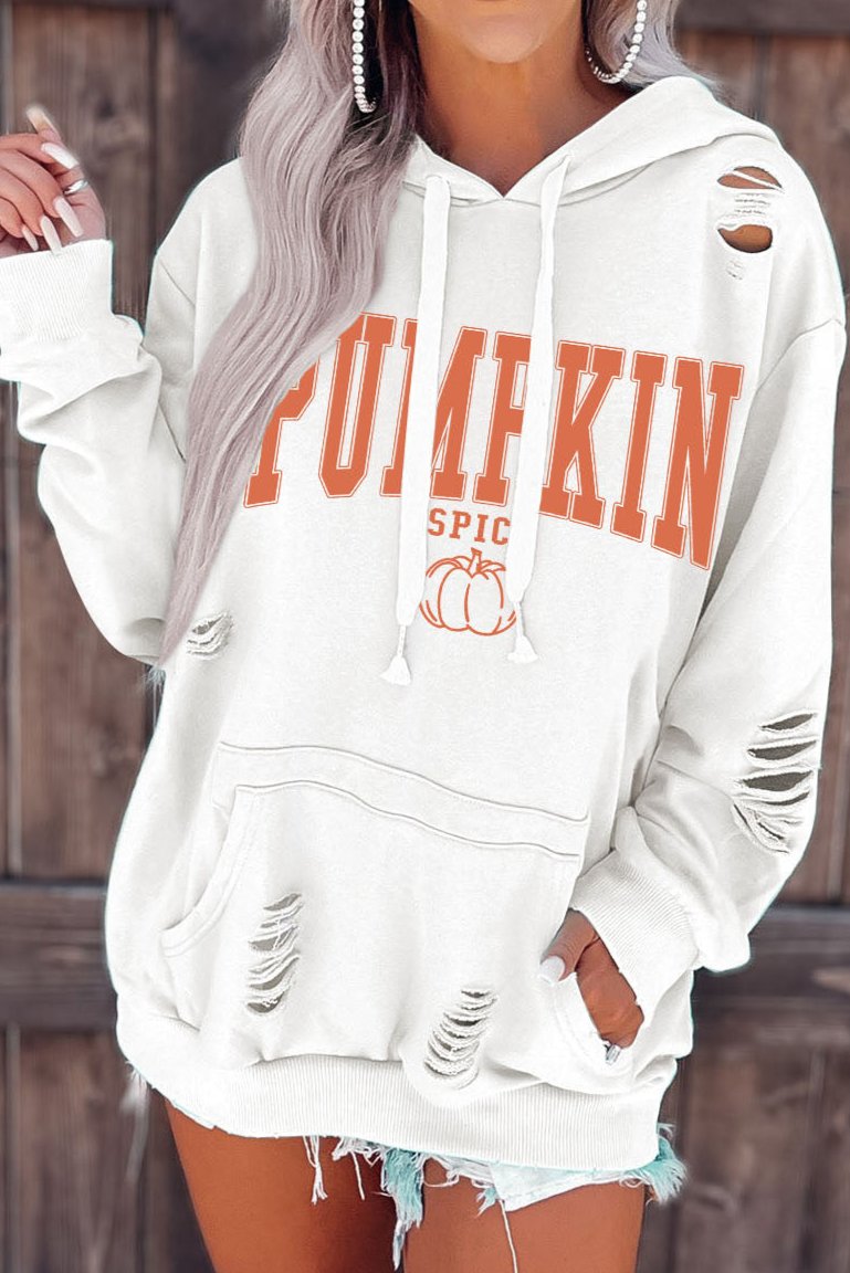 White PUMPKIN SPICE Distressed Hoodie