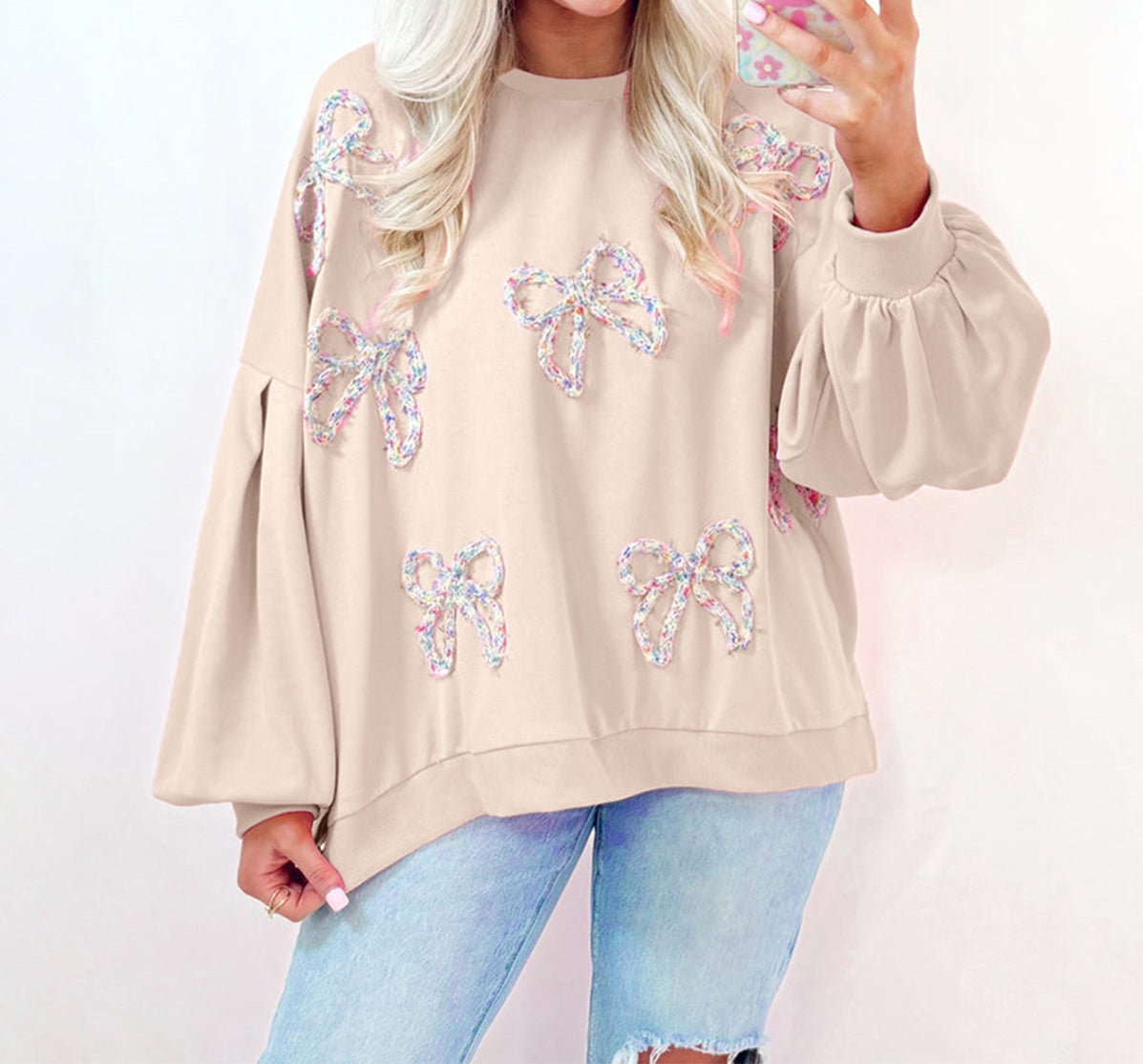 Parchment Embroidered Bow Lantern Sleeve Oversized Pullover Sweatshirt