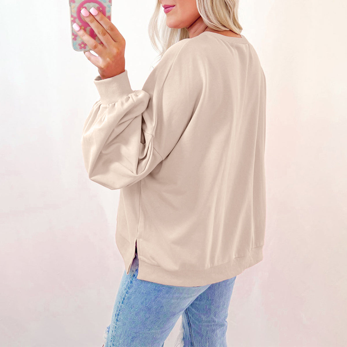 Parchment Embroidered Bow Lantern Sleeve Oversized Pullover Sweatshirt