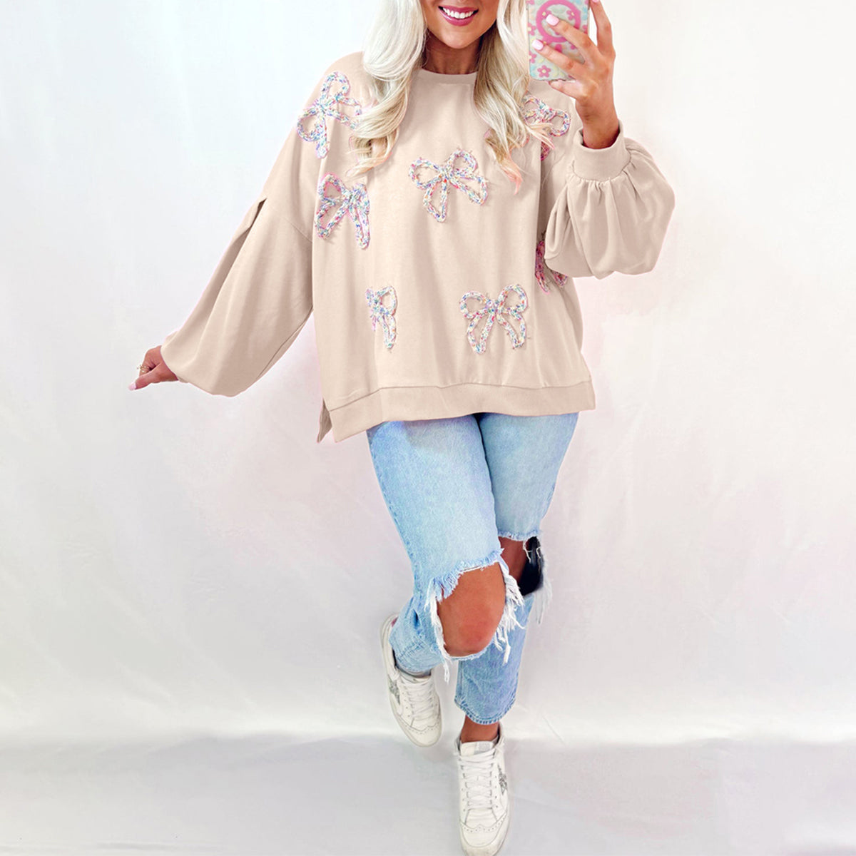 Parchment Embroidered Bow Lantern Sleeve Oversized Pullover Sweatshirt