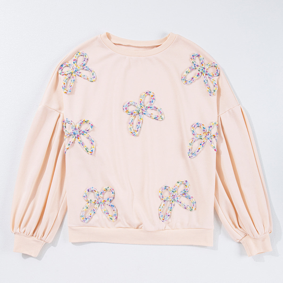 Parchment Embroidered Bow Lantern Sleeve Oversized Pullover Sweatshirt