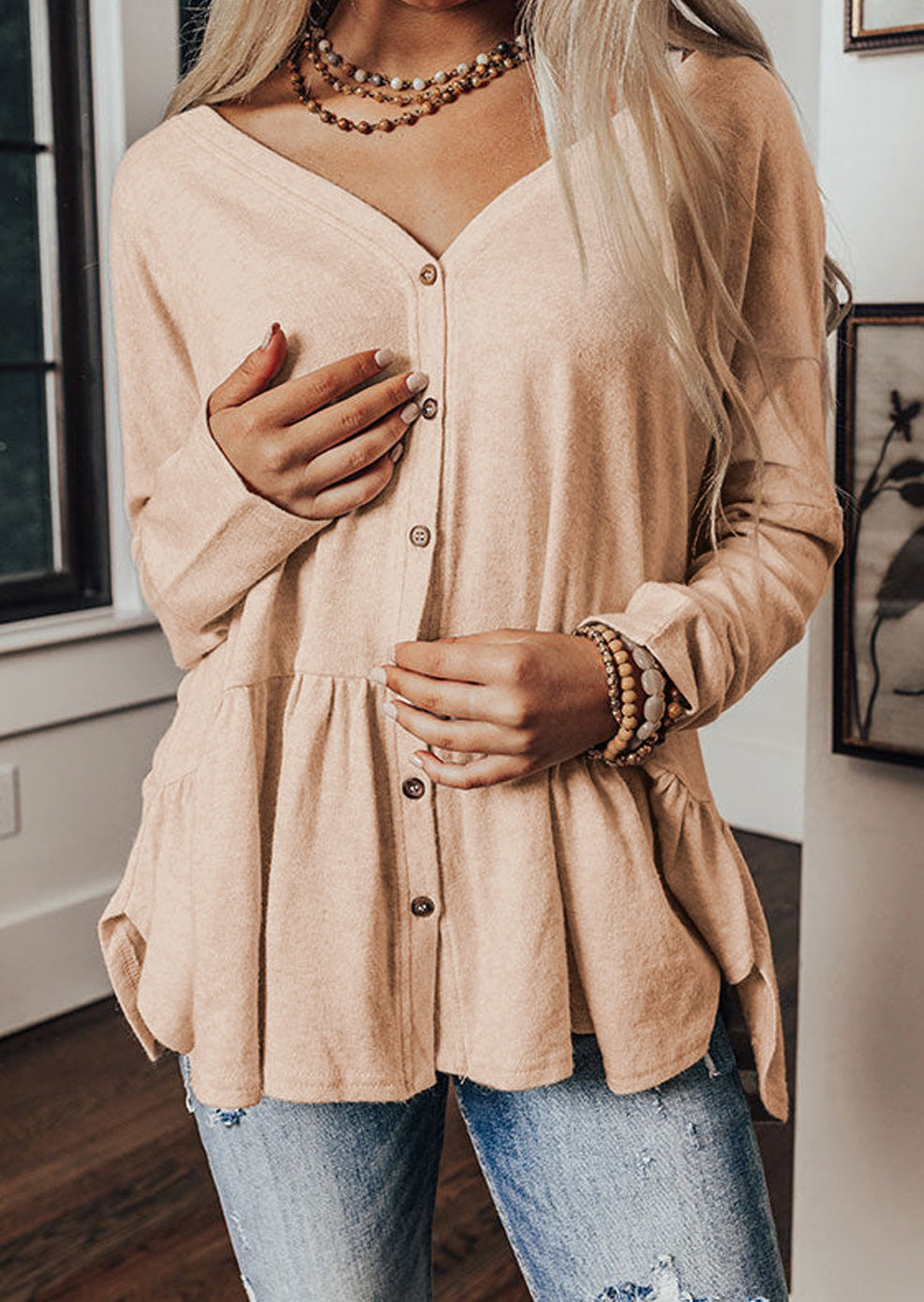 Jet Stream Ruffled V Neck Buttoned V Neck Shirt