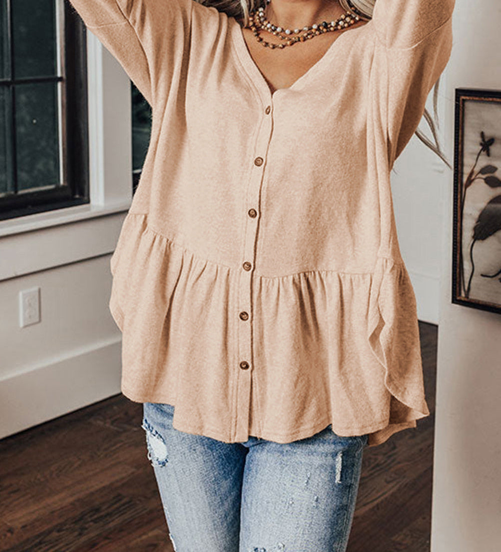 Jet Stream Ruffled V Neck Buttoned V Neck Shirt