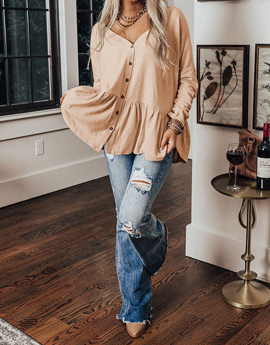 Jet Stream Ruffled V Neck Buttoned V Neck Shirt