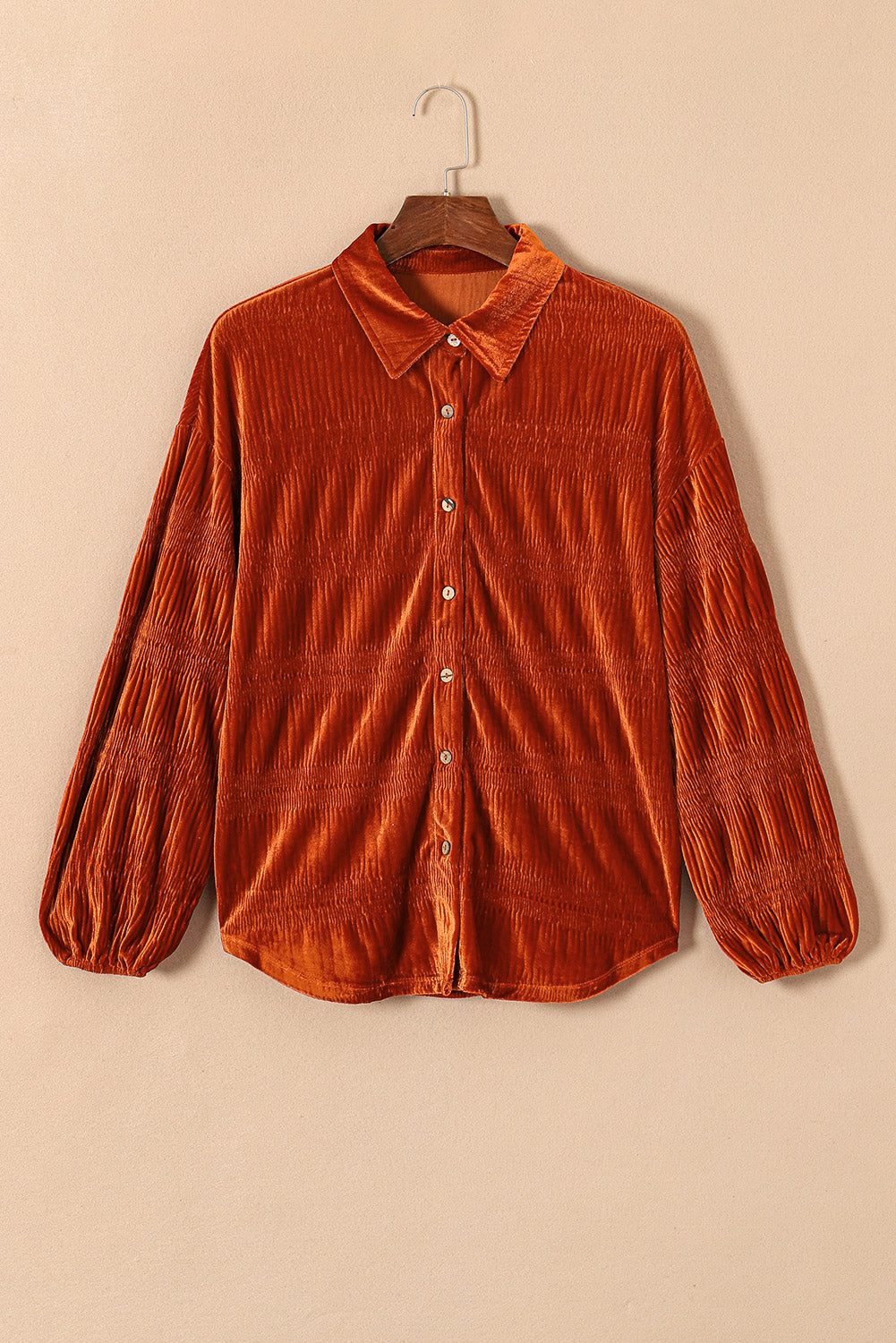 Brown Solid Color Textured Velvet Button Up Shirt