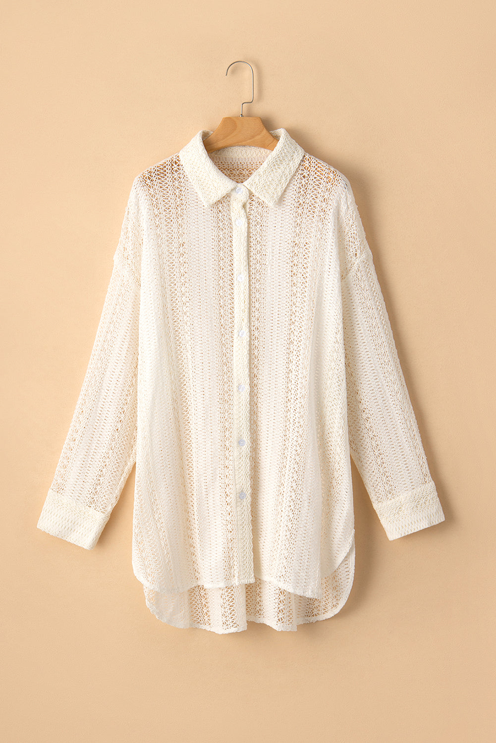 Beige Lace Crochet Collared Tunic Oversized Shirt