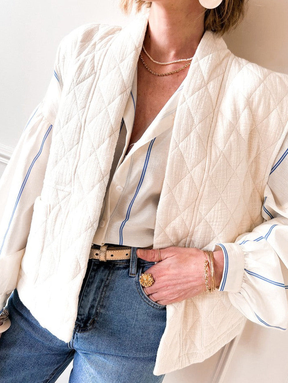 Sky Blue Stripe Drop Shoulder Bubble Sleeve Loose Shirt