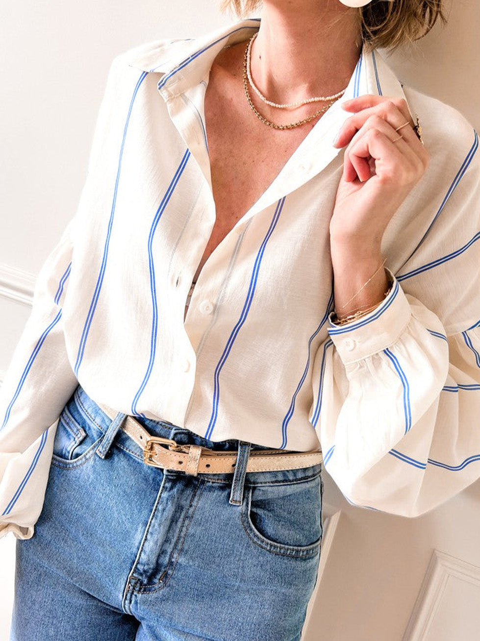 Sky Blue Stripe Drop Shoulder Bubble Sleeve Loose Shirt