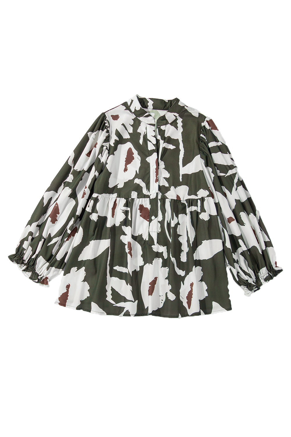 Four Leaf Clover Abstract Floral Print Puff Sleeve Half Button Blouse