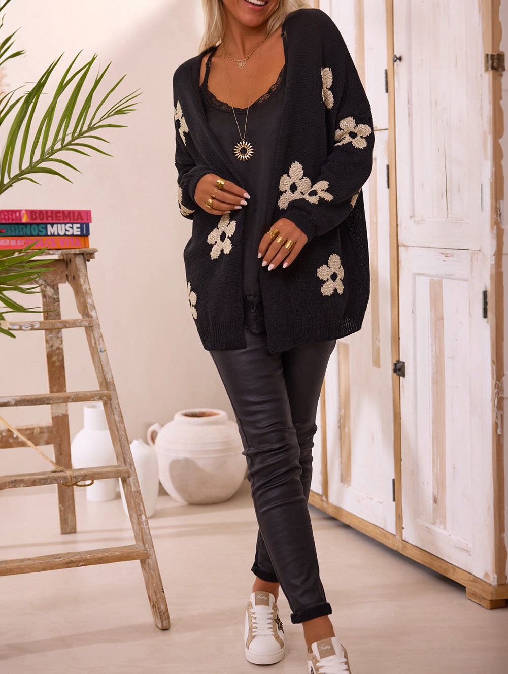 Black Floral Print Knitted Open Front Loose Cardigan