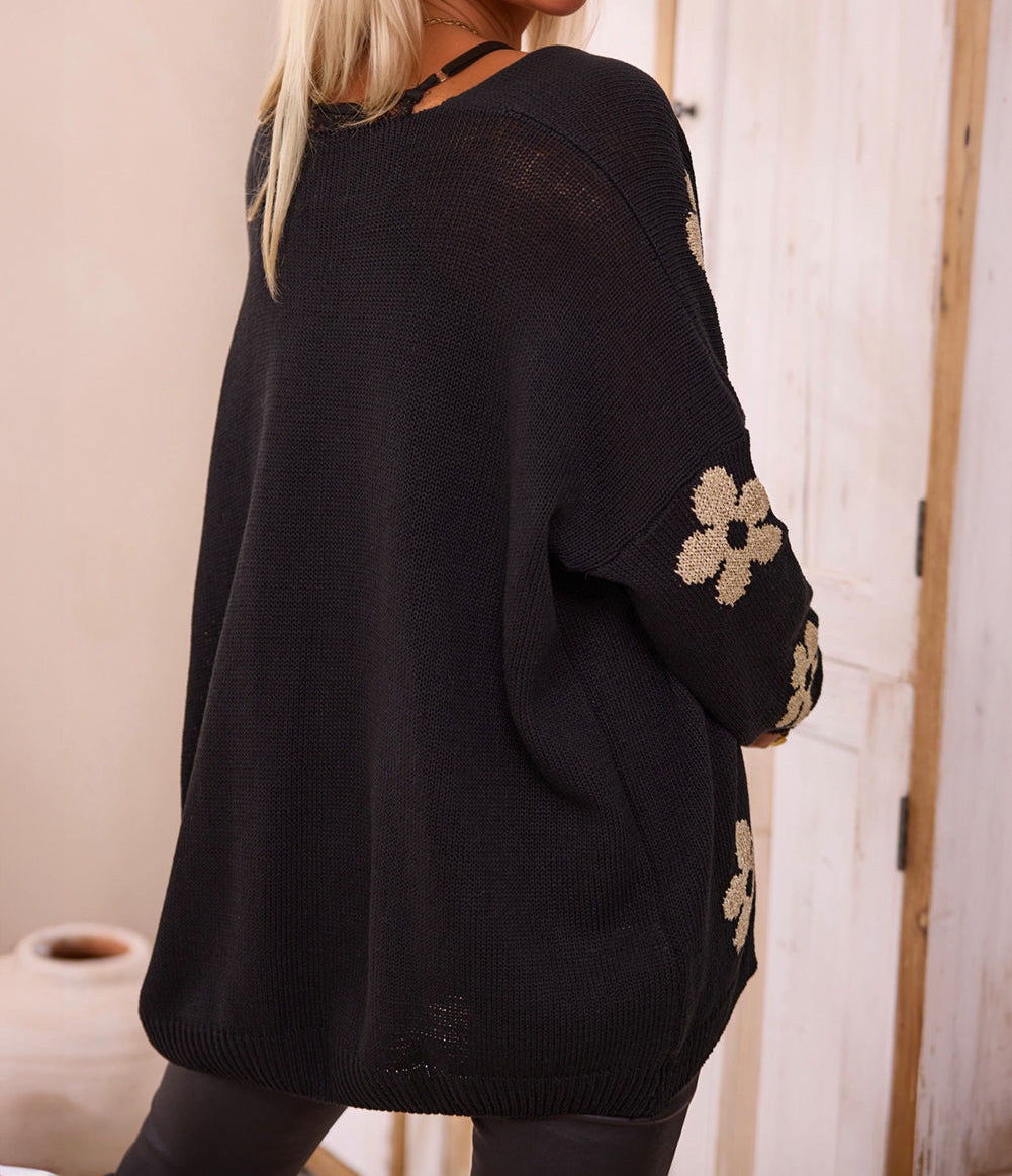 Black Floral Print Knitted Open Front Loose Cardigan
